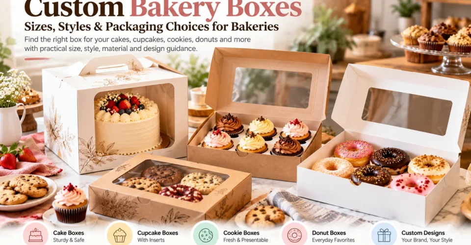 Custom bakery boxes in different sizes and styles for cakes, cupcakes, cookies, and donuts.