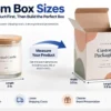 Custom box sizes guide showing a product measured for length, width, and height before choosing the box