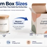 Custom box sizes guide showing a product measured for length, width, and height before choosing the box