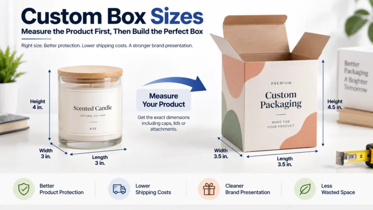 Custom box sizes guide showing a product measured for length, width, and height before choosing the box