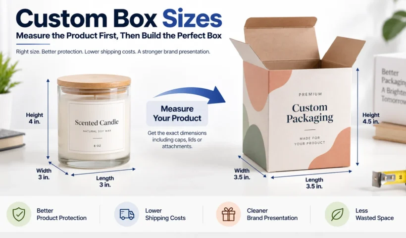 Custom box sizes guide showing a product measured for length, width, and height before choosing the box