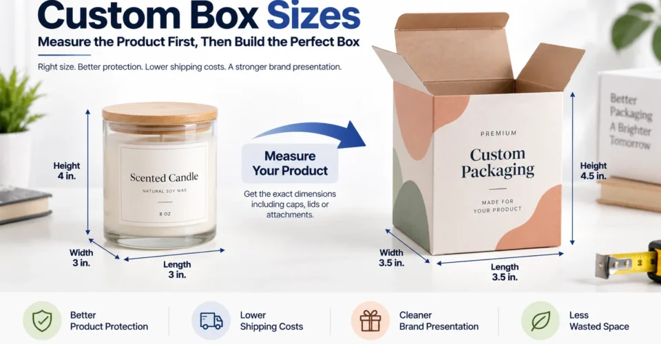 Custom box sizes guide showing a product measured for length, width, and height before choosing the box