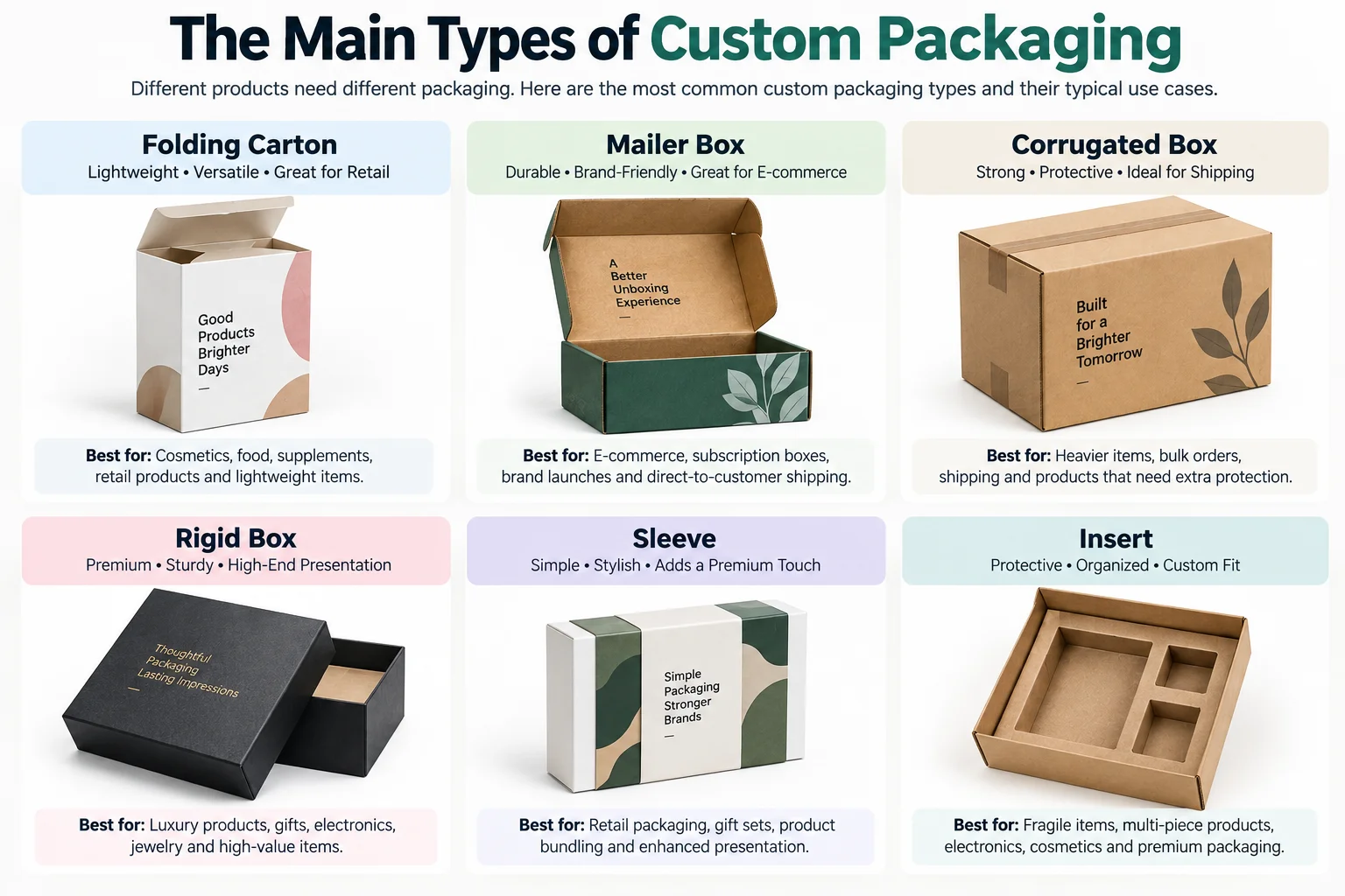 Custom packaging types explained with folding cartons, mailer boxes, corrugated boxes, rigid boxes, sleeves and inserts