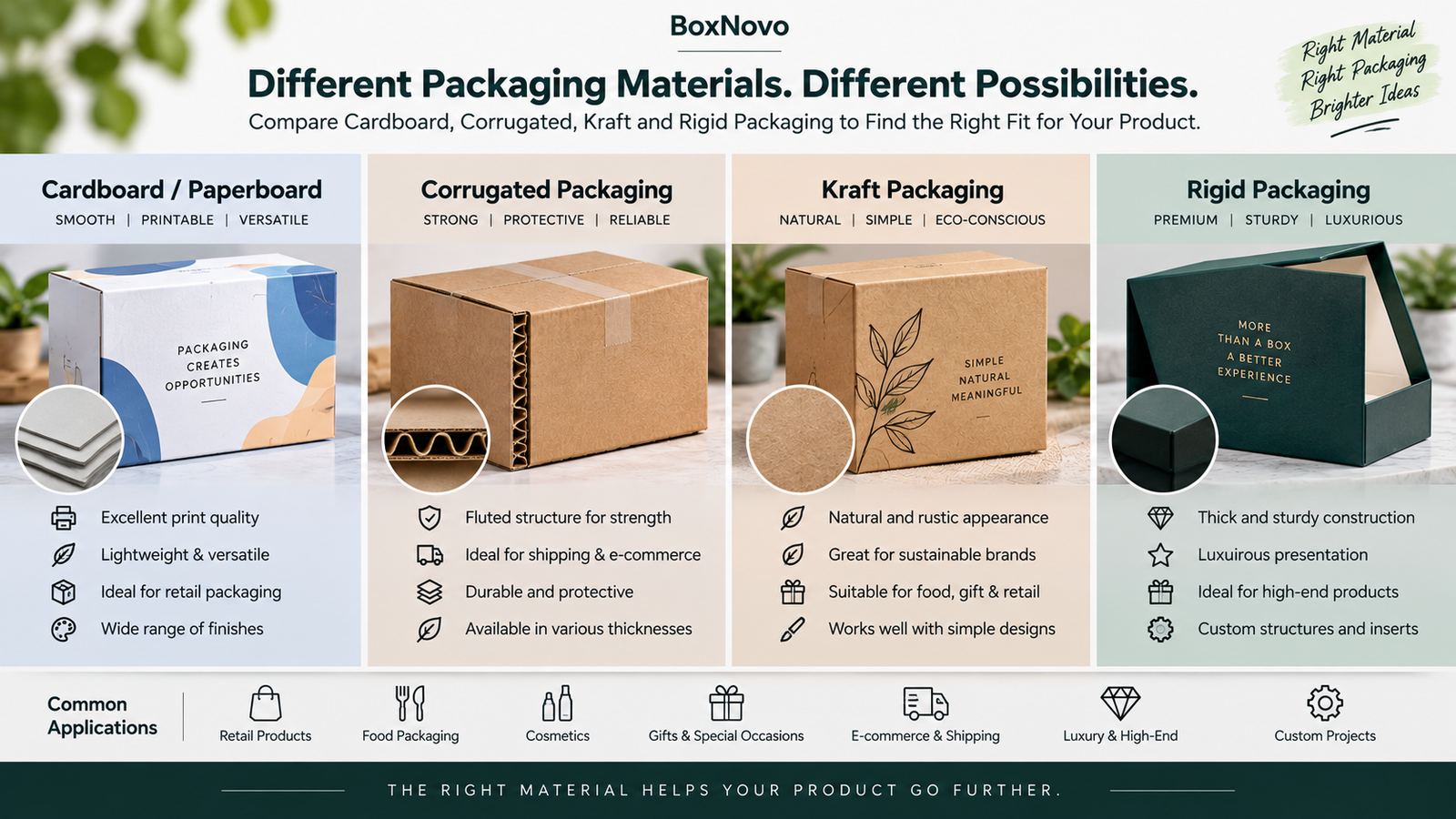 Comparison of cardboard, corrugated, kraft and rigid packaging materials