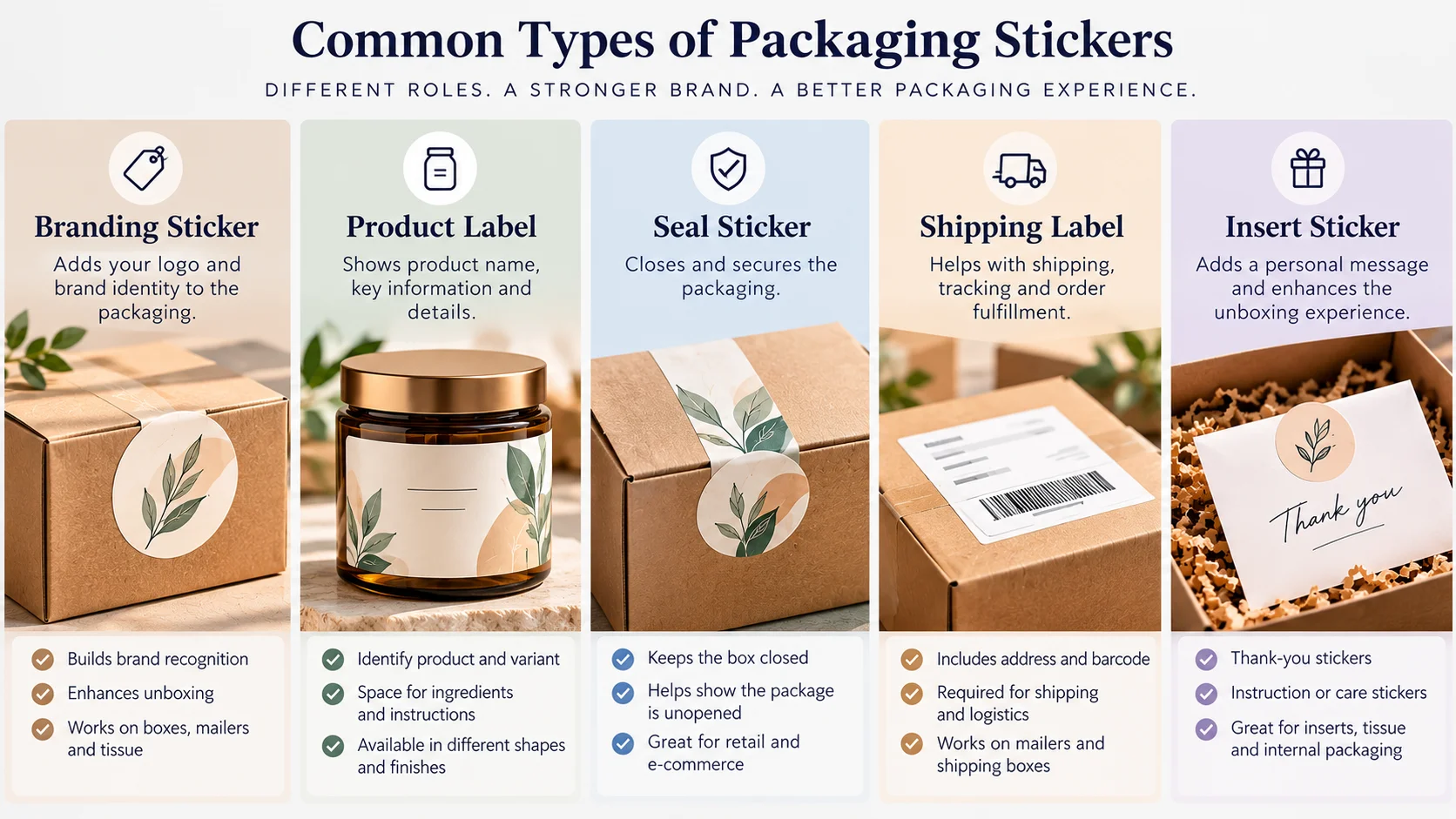 Comparison of branding stickers, product labels, seal stickers, shipping labels, and insert stickers