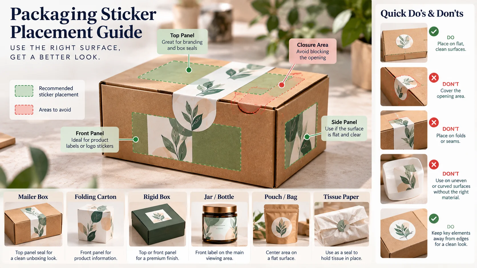 Packaging sticker placement guide showing suitable box panels, folds, seams, edges, and closure areas