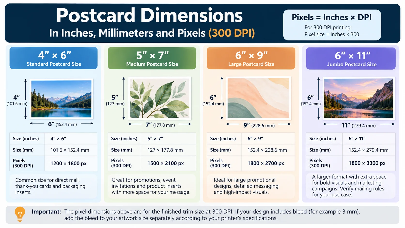 Postcard dimensions chart comparing 4×6, 5×7, 6×9 and 6×11 sizes in inches, millimeters and pixels at 300 DPI
