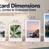 Postcard dimensions comparison showing 4×6, 5×7, 6×9 and 6×11 formats with measurement labels