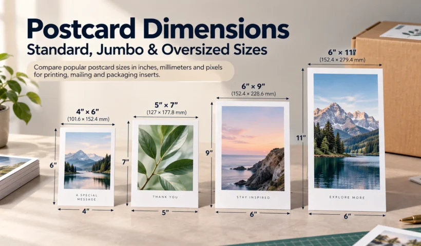 Postcard dimensions comparison showing 4×6, 5×7, 6×9 and 6×11 formats with measurement labels
