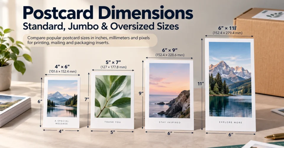 Postcard dimensions comparison showing 4×6, 5×7, 6×9 and 6×11 formats with measurement labels