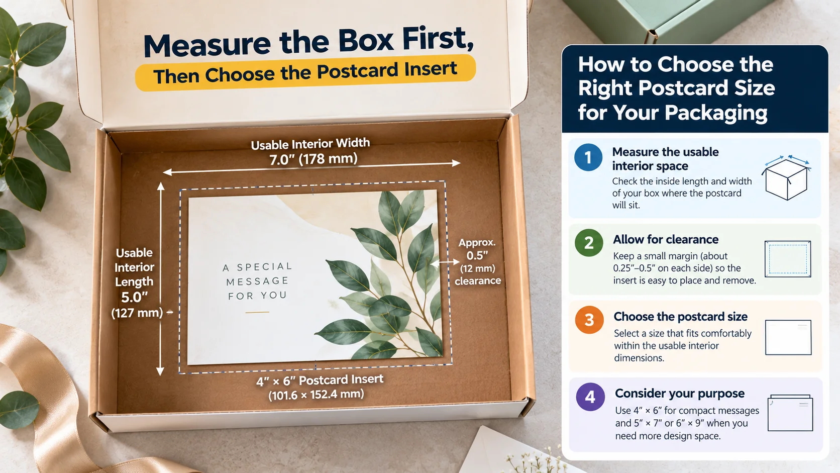 Postcard insert measured inside a custom product box showing usable interior dimensions and clearance