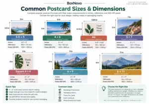 Postcard size chart comparing 3.5×5, 4×6, A6, 5×7, 4×4, 6×9 and 6×11 sizes in inches, millimeters and pixels