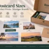 Postcard size chart comparing 3.5×5, 4×6, A6, 5×7, 4×4, 6×9 and 6×11 sizes in inches, millimeters and pixels