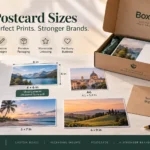 Postcard size chart comparing 3.5×5, 4×6, A6, 5×7, 4×4, 6×9 and 6×11 sizes in inches, millimeters and pixels
