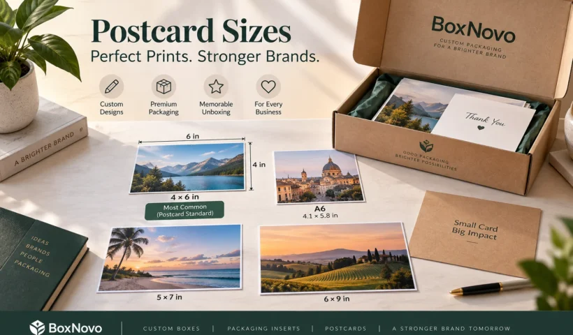 Postcard size chart comparing 3.5×5, 4×6, A6, 5×7, 4×4, 6×9 and 6×11 sizes in inches, millimeters and pixels