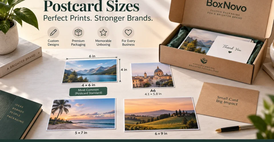 Postcard size chart comparing 3.5×5, 4×6, A6, 5×7, 4×4, 6×9 and 6×11 sizes in inches, millimeters and pixels