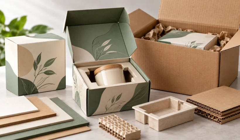 Custom product packaging with a fitted insert beside an outer corrugated shipping box