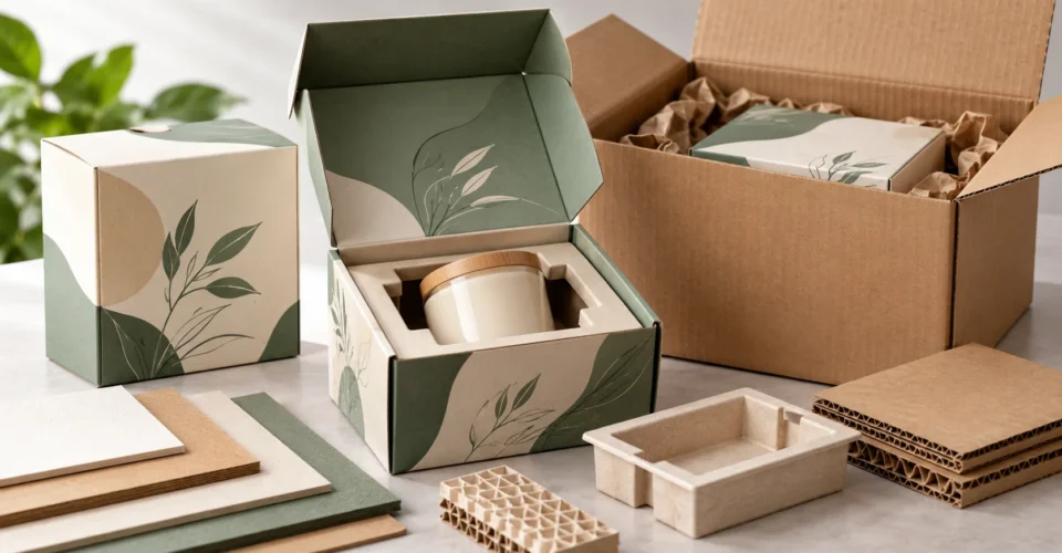 Custom product packaging with a fitted insert beside an outer corrugated shipping box