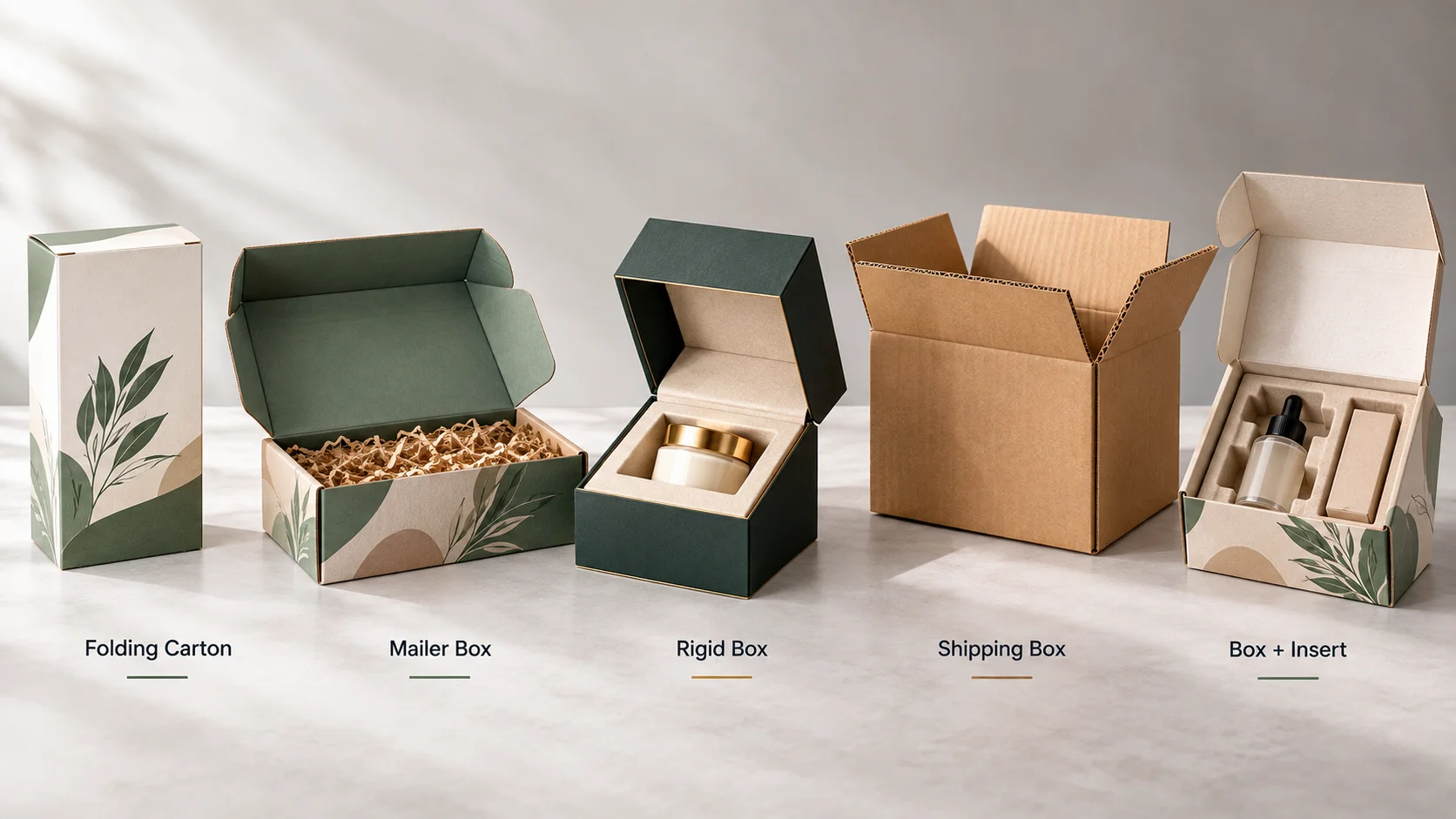 Comparison of folding carton, mailer box, rigid box, shipping box, and custom box with fitted insert