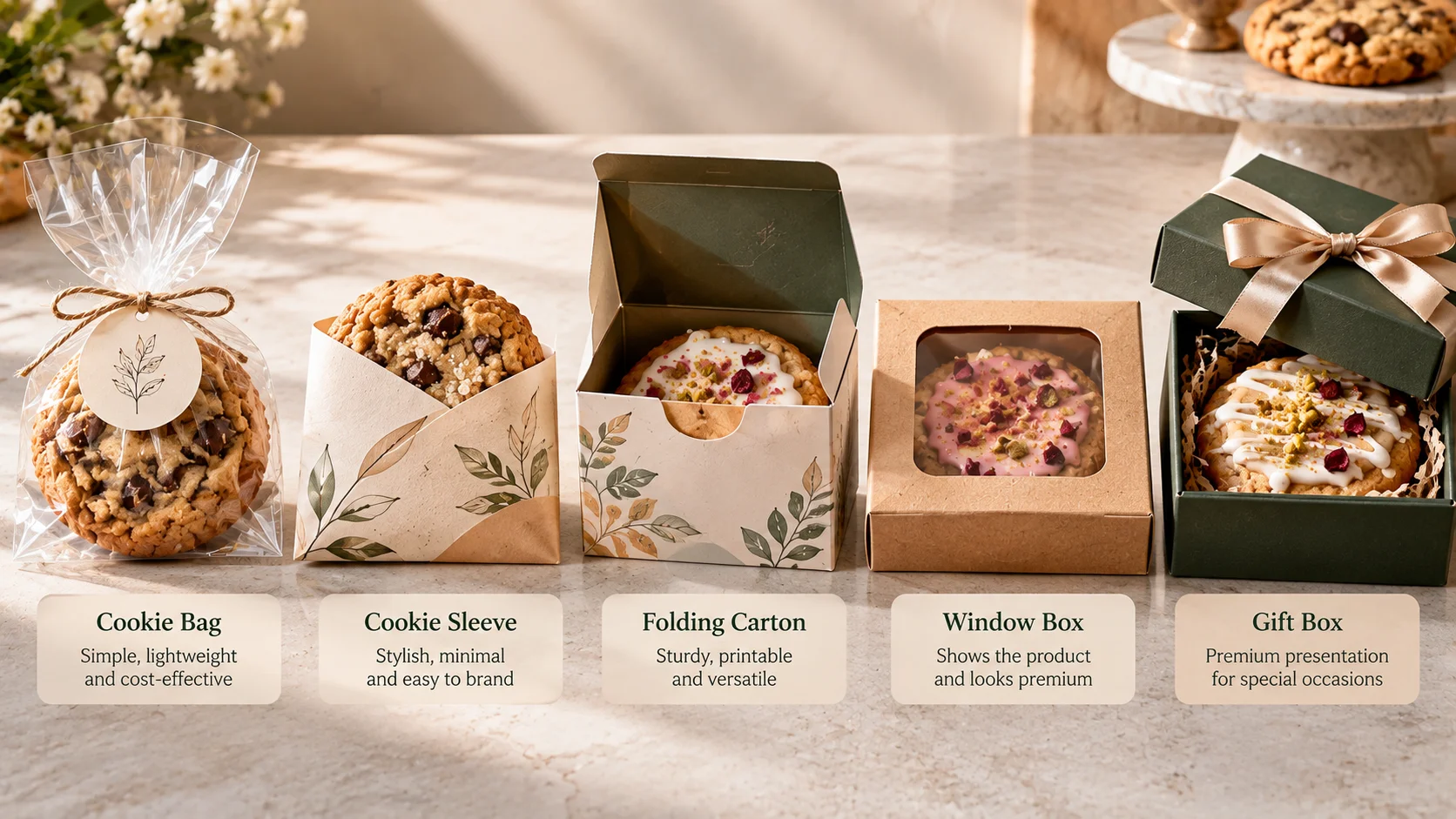 Comparison of single-cookie packaging formats including a cookie bag, sleeve, folding carton, window box, and gift box