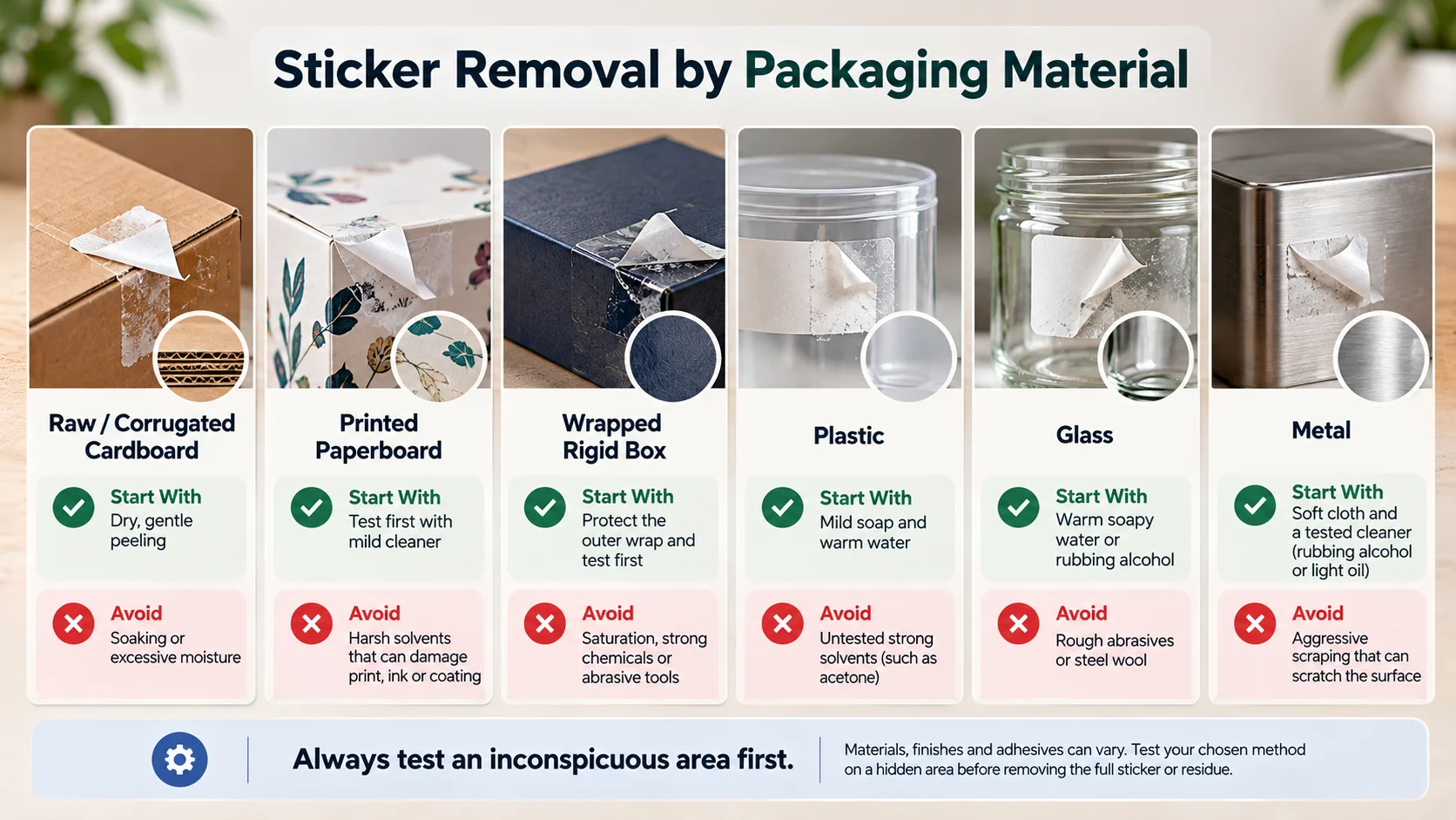 Sticker removal methods for cardboard, paperboard, rigid boxes, plastic, glass, and metal packaging