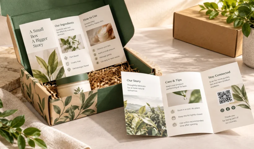 Trifold brochure used as a packaging insert inside a custom product box
