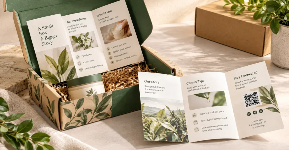 Trifold brochure used as a packaging insert inside a custom product box