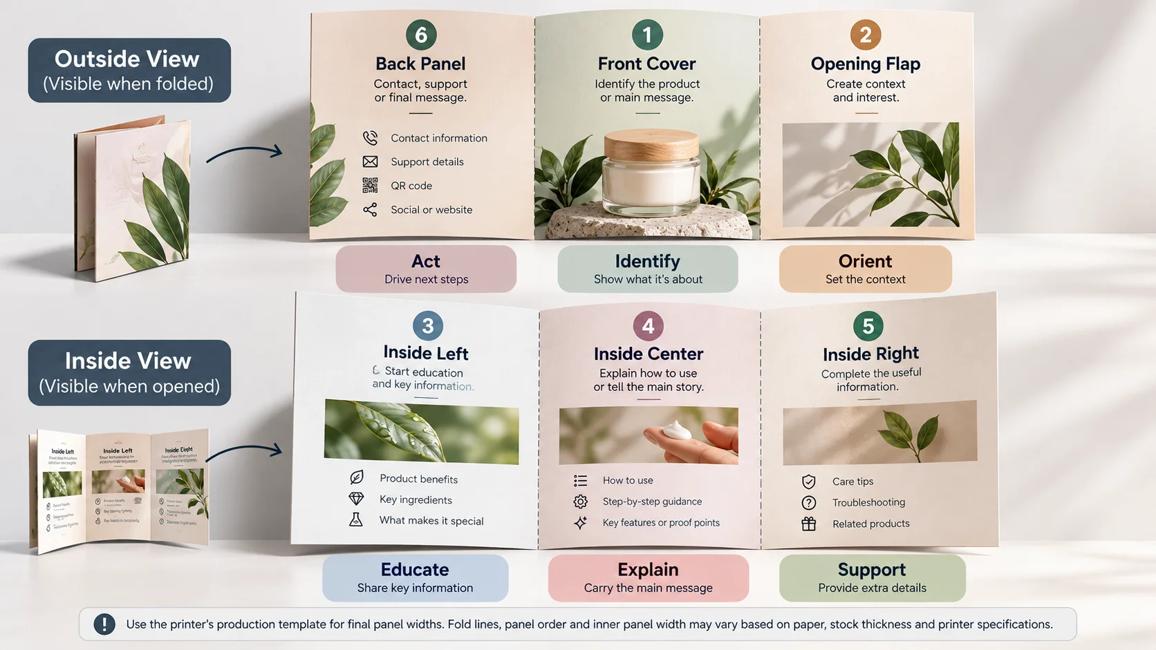 Six-panel trifold brochure panel map showing recommended roles for a packaging insert