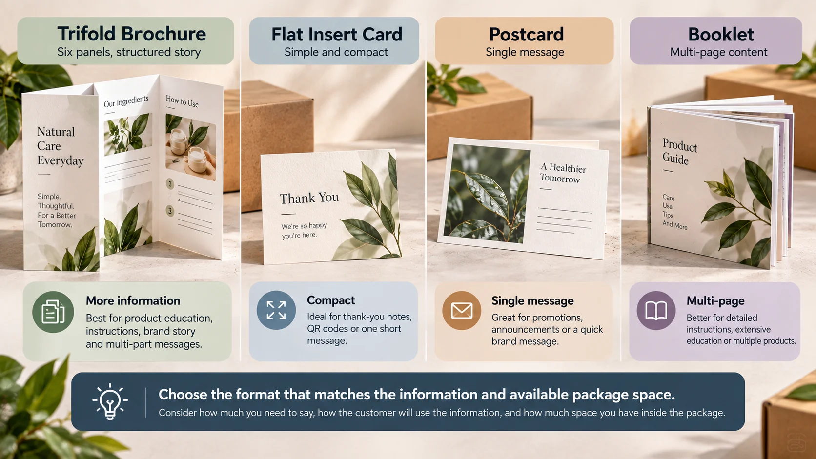 Comparison of a trifold brochure, flat insert card, postcard and booklet for packaging