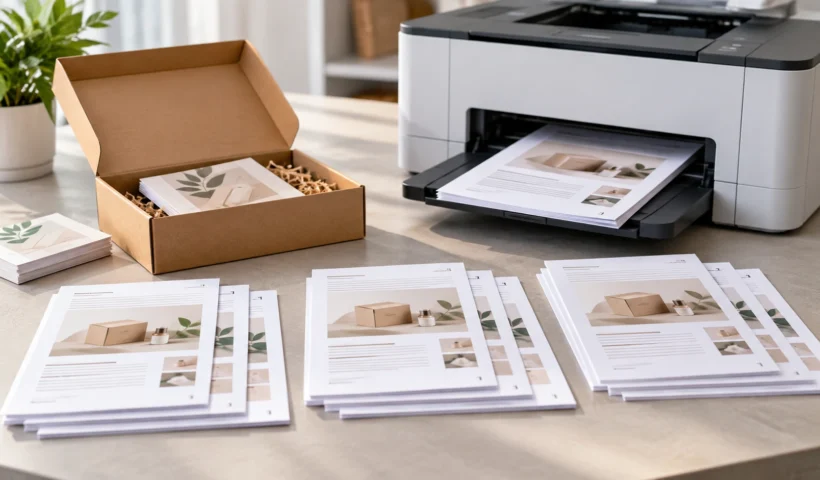 Collated multi-page product inserts arranged as complete sets beside a custom packaging box