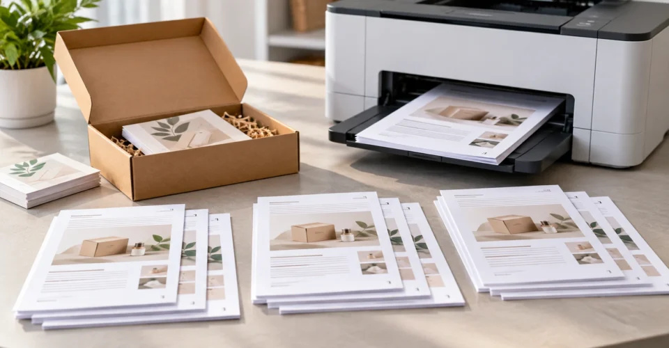 Collated multi-page product inserts arranged as complete sets beside a custom packaging box