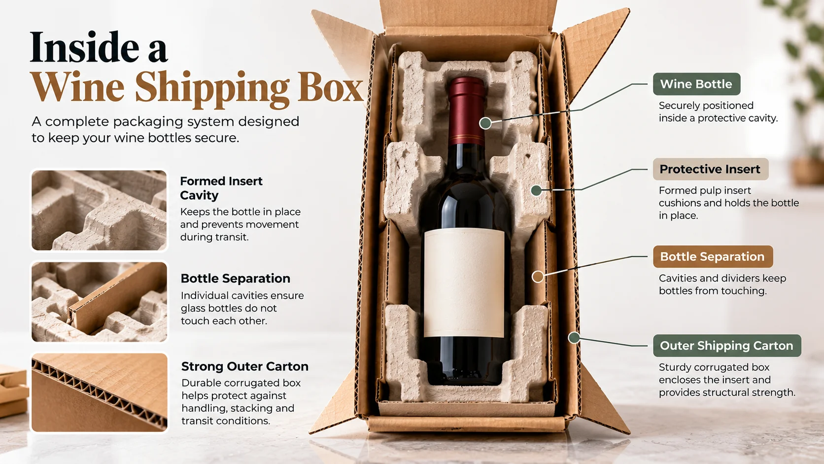 Cutaway wine shipping box showing bottle and protective insert