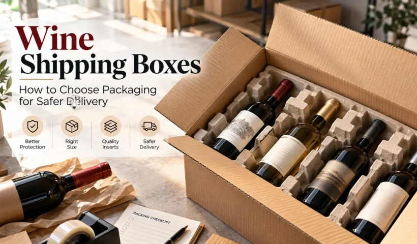Wine shipping box with wine bottles secured in protective inserts