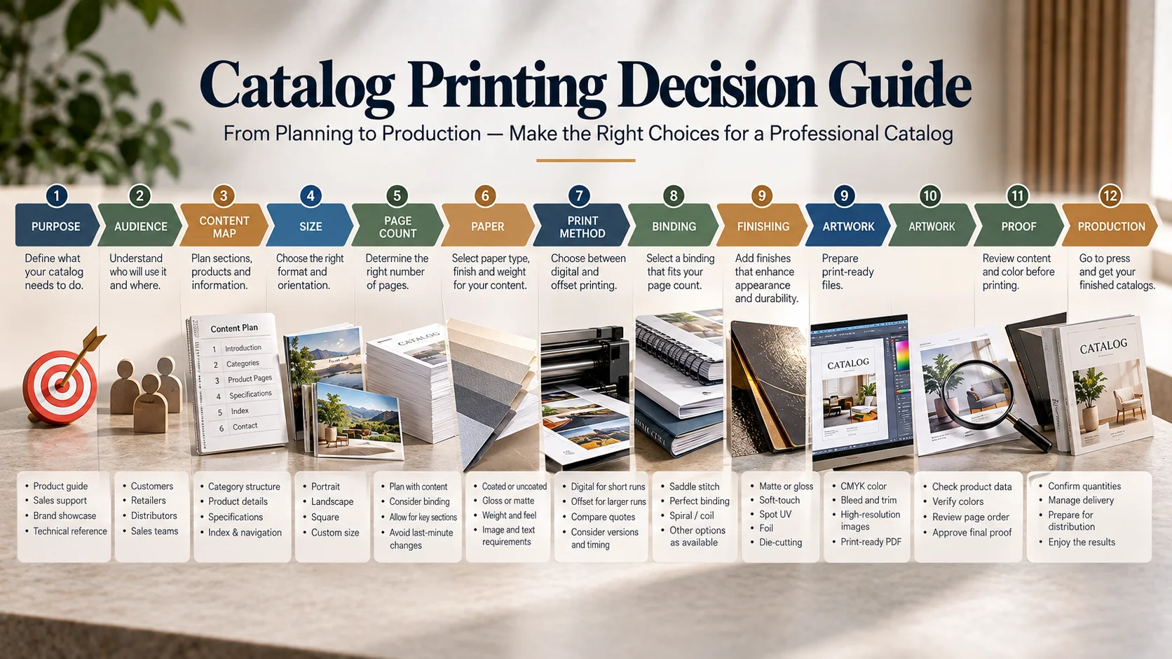 Catalog printing decision guide showing the process from purpose and audience through content, size, page count, paper, printing, binding, finishing, artwork, proofing, and production.