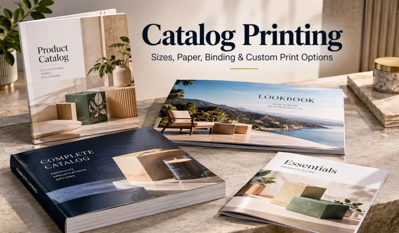 Premium printed catalogs showing different formats, paper finishes, and binding styles for catalog printing.