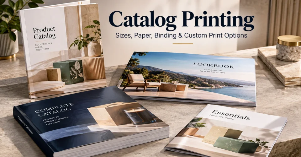Premium printed catalogs showing different formats, paper finishes, and binding styles for catalog printing.