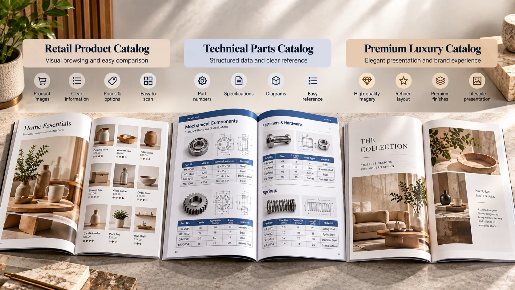 Comparison of retail, technical, and luxury catalogs showing different layouts for product photography, specifications, diagrams, and premium presentation.