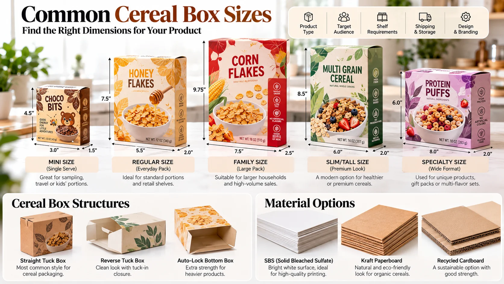 Cereal box sizes compared with dimensions, box structures, and paperboard material options for custom cereal packaging.