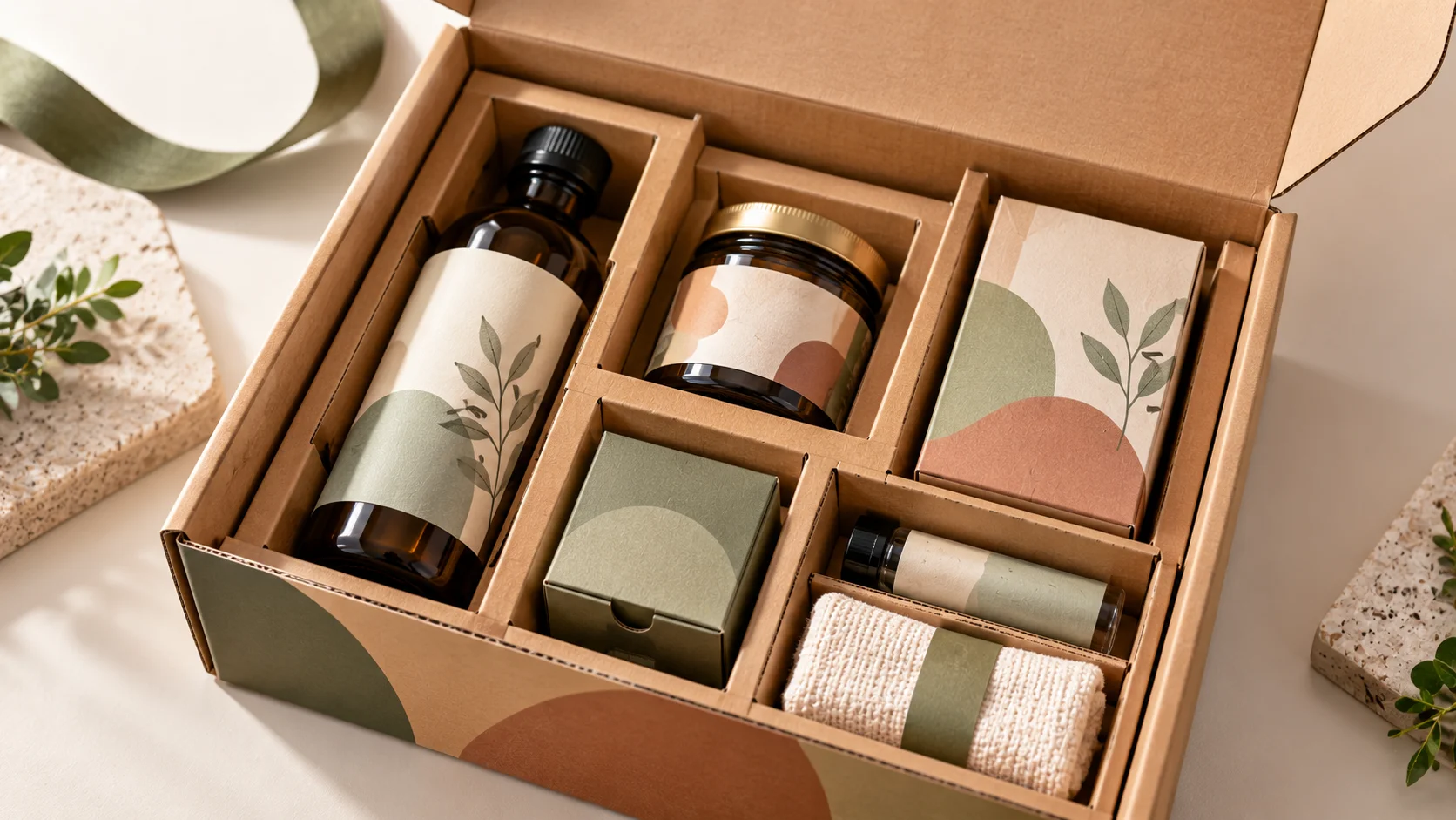Custom box partition organizing a bottle, jar, carton, and accessories in purpose-built compartments