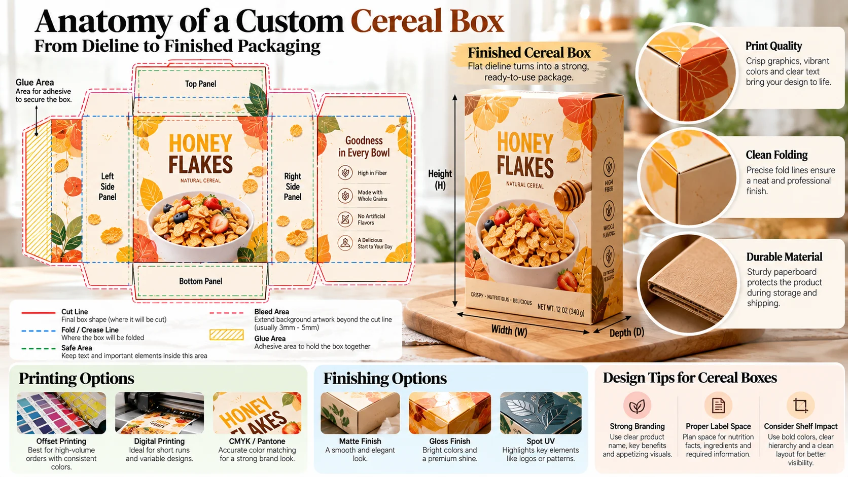 Custom cereal box dieline showing panels, cut lines, fold lines, bleed, safe areas, printing, finishing, and finished packaging.