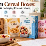 Custom cereal boxes in different sizes and designs with packaging materials, branding, printing, and production elements.