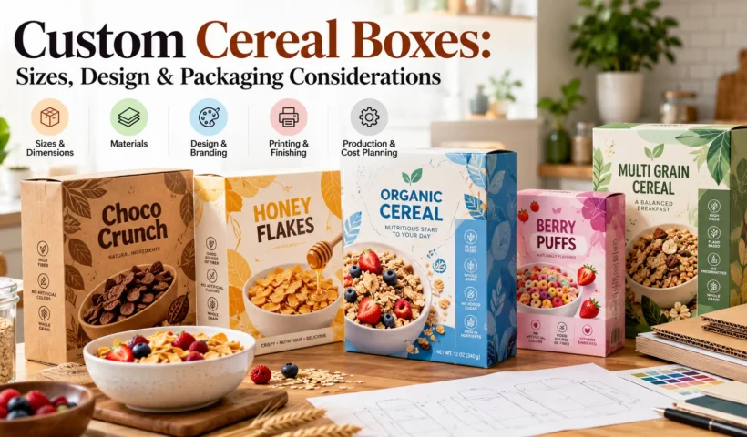 Custom cereal boxes in different sizes and designs with packaging materials, branding, printing, and production elements.