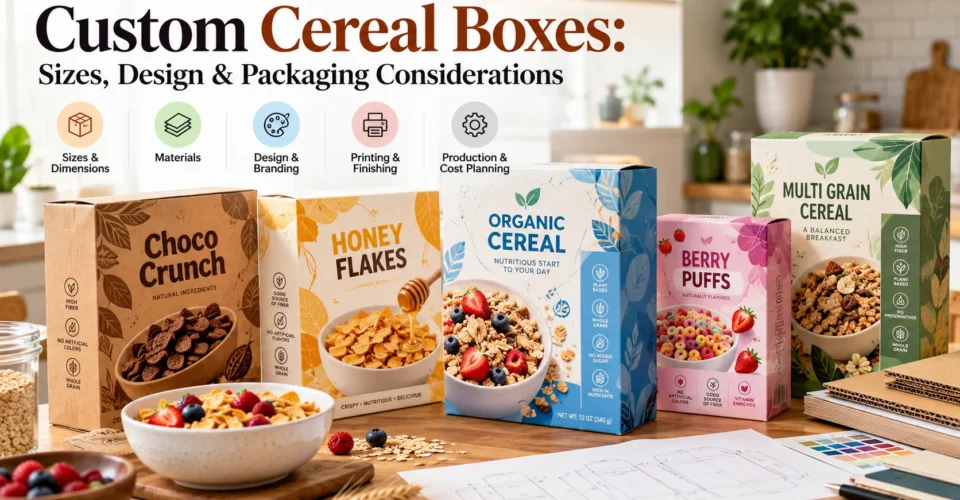 Custom cereal boxes in different sizes and designs with packaging materials, branding, printing, and production elements.