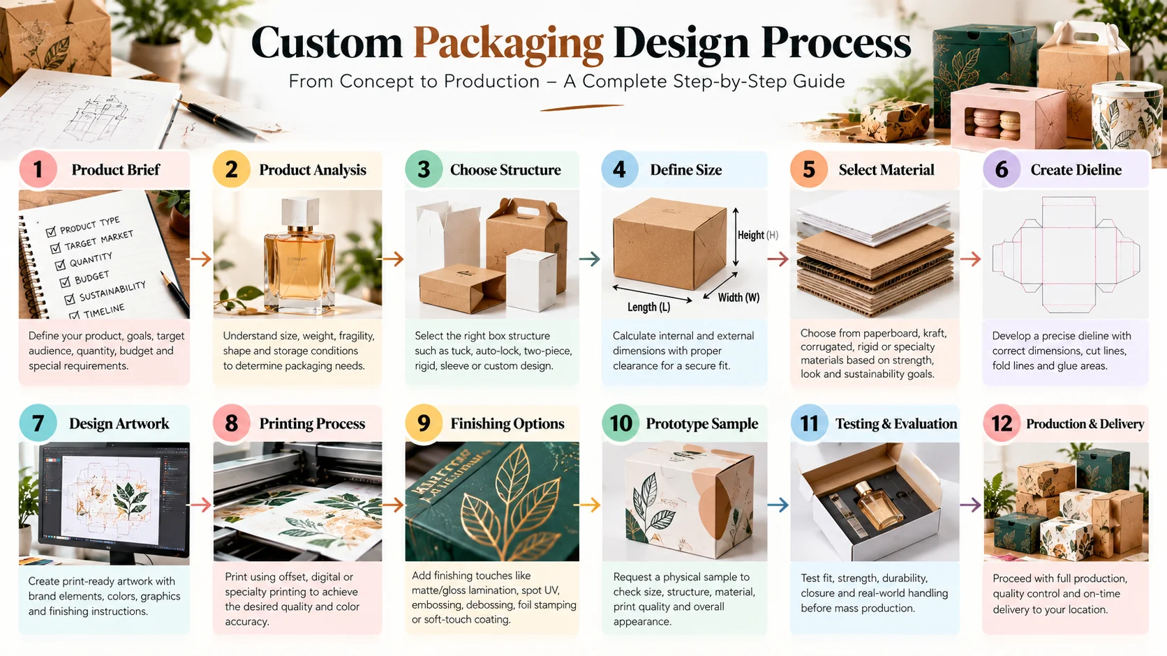 Custom packaging design process from product briefing and structure selection to materials, dielines, artwork, prototyping, testing, and production.