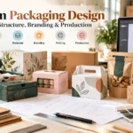 Custom packaging designs showing different box structures, materials, branding, artwork, and production planning.