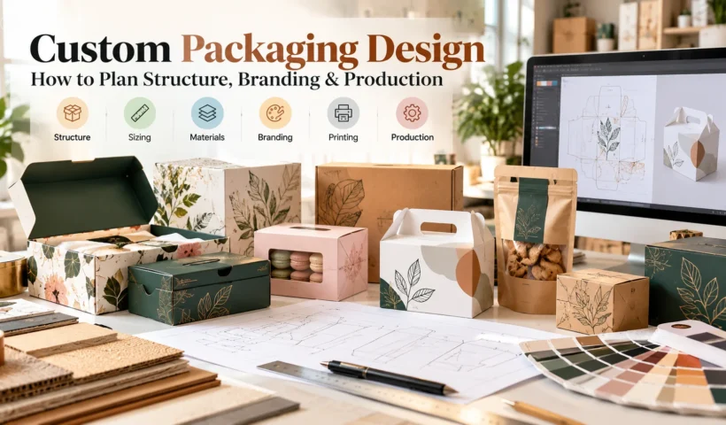Custom packaging designs showing different box structures, materials, branding, artwork, and production planning.