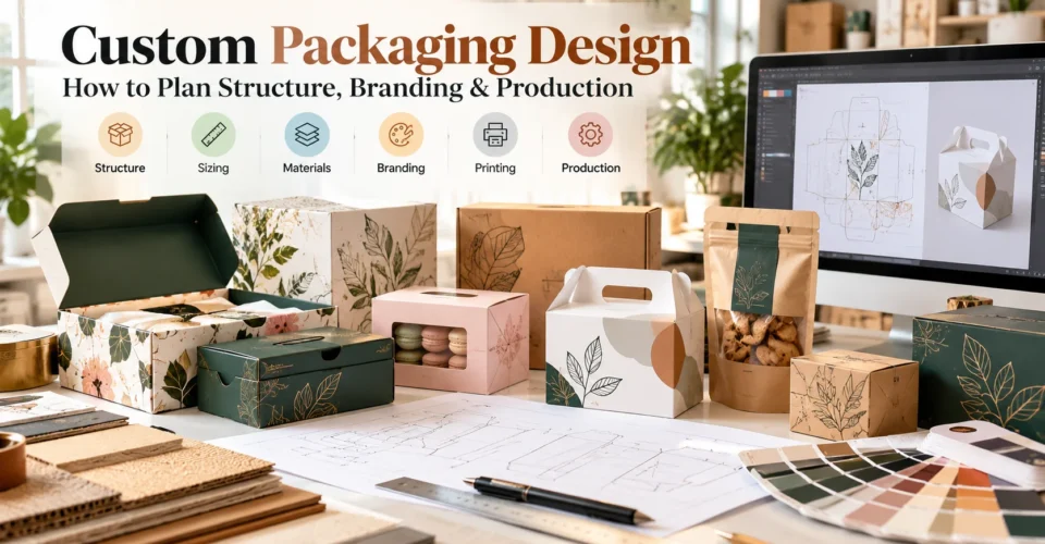 Custom packaging designs showing different box structures, materials, branding, artwork, and production planning.