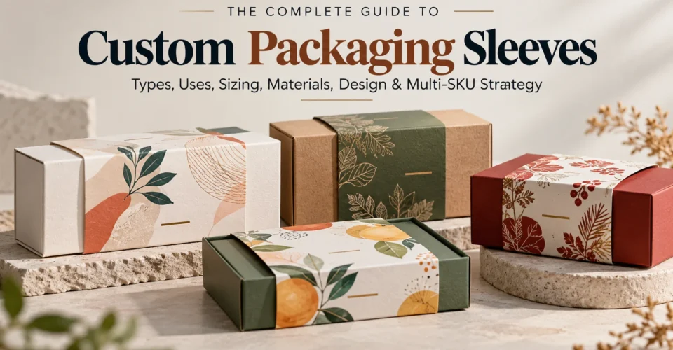 Custom packaging sleeves fitted around printed retail boxes and trays