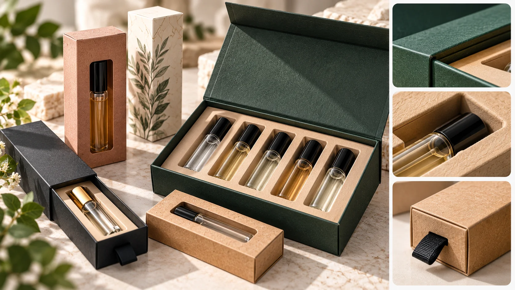 Custom vial box with multiple small bottles held in individually fitted insert cavities.