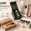Open custom vial packaging box containing small bottles with fitted internal inserts designed around the product.